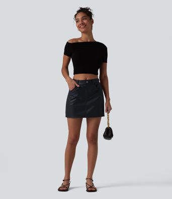 Mid Rise Stretchy PU Casual Skort with Pockets