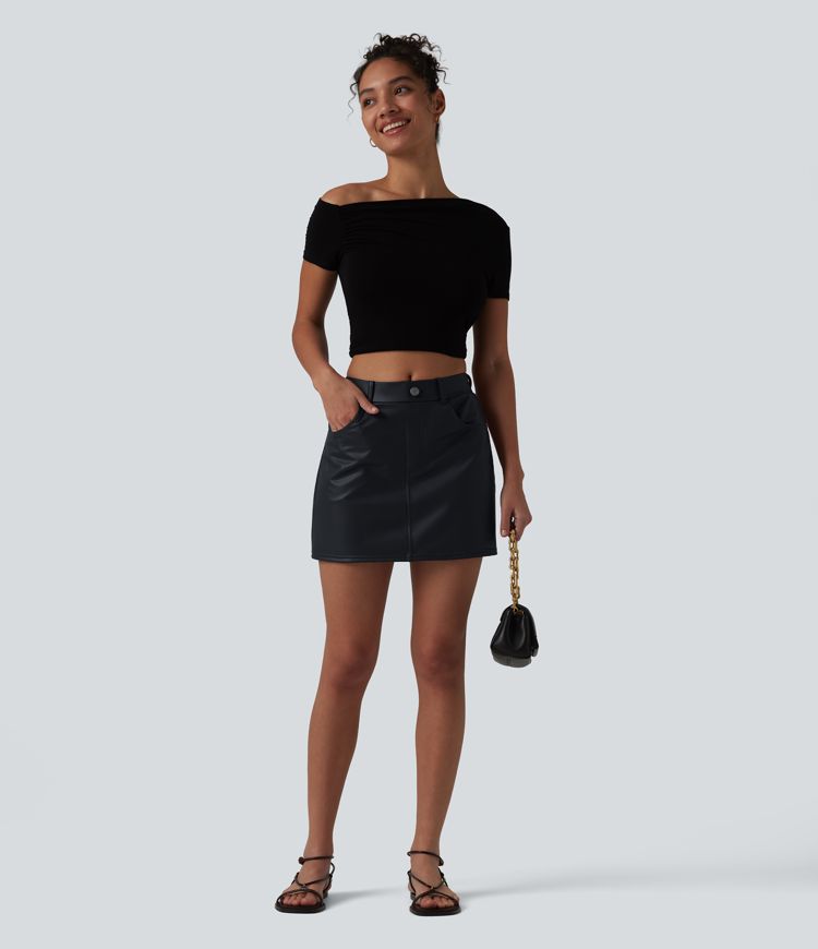 Mid Rise Stretchy PU Casual Skort with Pockets