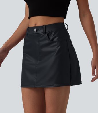 Mid Rise Stretchy PU Casual Skort with Pockets