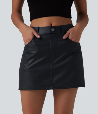 Mid Rise Stretchy PU Casual Skort with Pockets