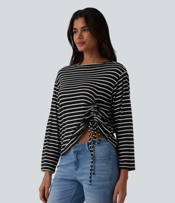 Boat Neck Long Sleeve Drawstring Hem Stripes Casual Top