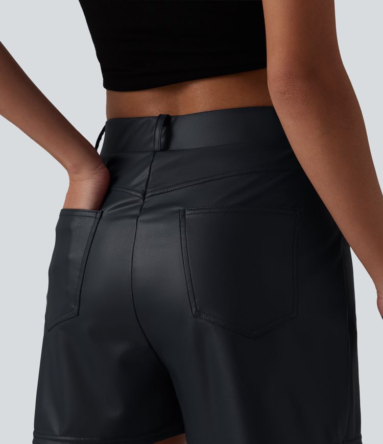 Mid Rise Stretchy PU Casual Skort with Pockets