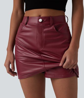 Mid Rise Stretchy PU Casual Skort with Pockets