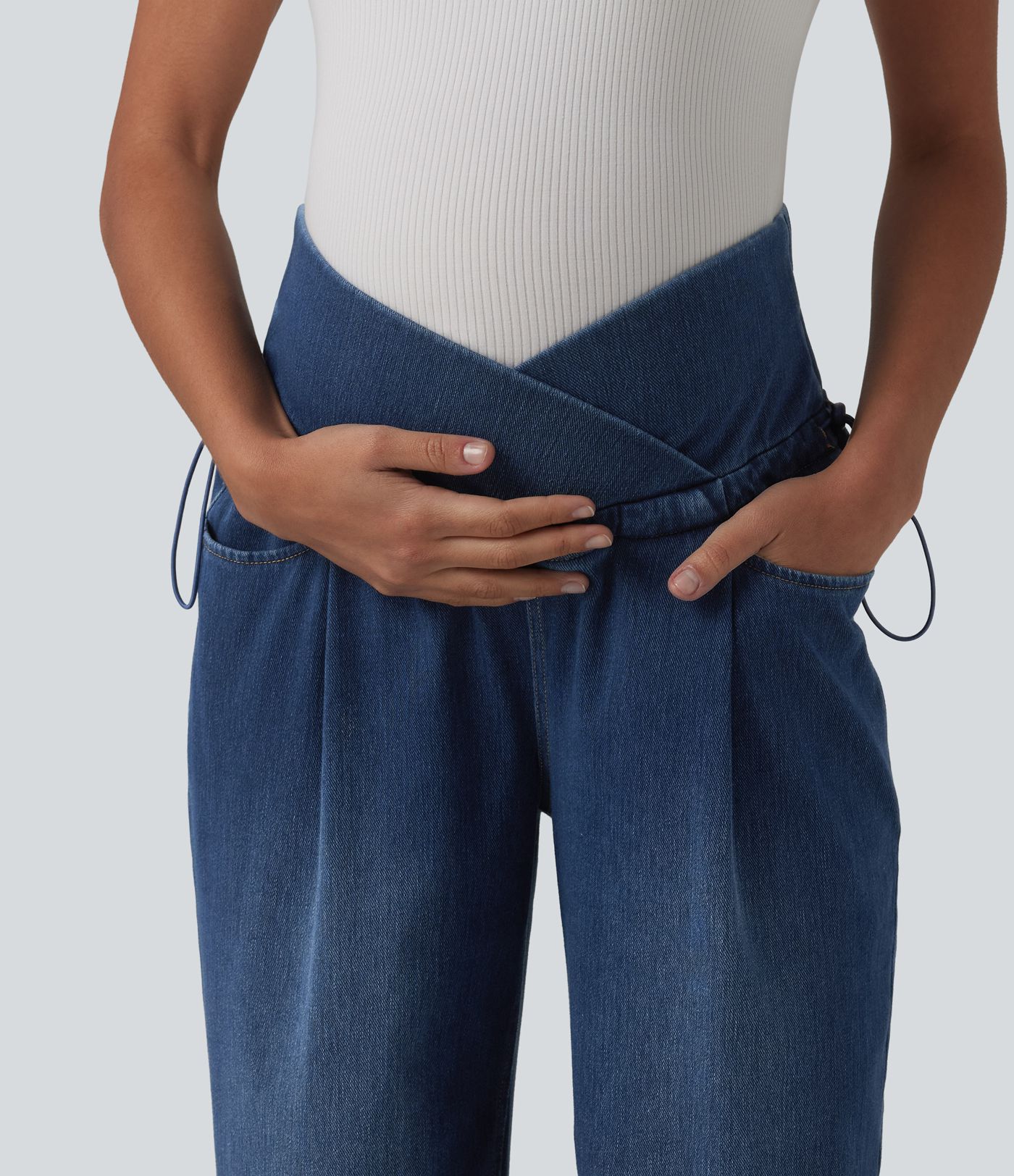 Halara Flex™ Crossover High Waisted Adjustable Drawcord Casual Maternity Baggy Jeans with Pockets