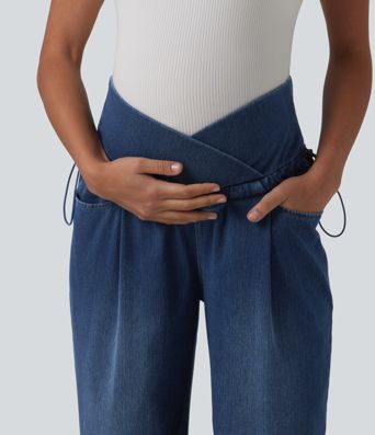Halara Flex™ Crossover High Waisted Adjustable Drawcord Casual Maternity Baggy Jeans with Pockets