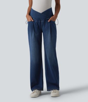 Halara Flex™ Crossover High Waisted Adjustable Drawcord Casual Maternity Baggy Jeans with Pockets