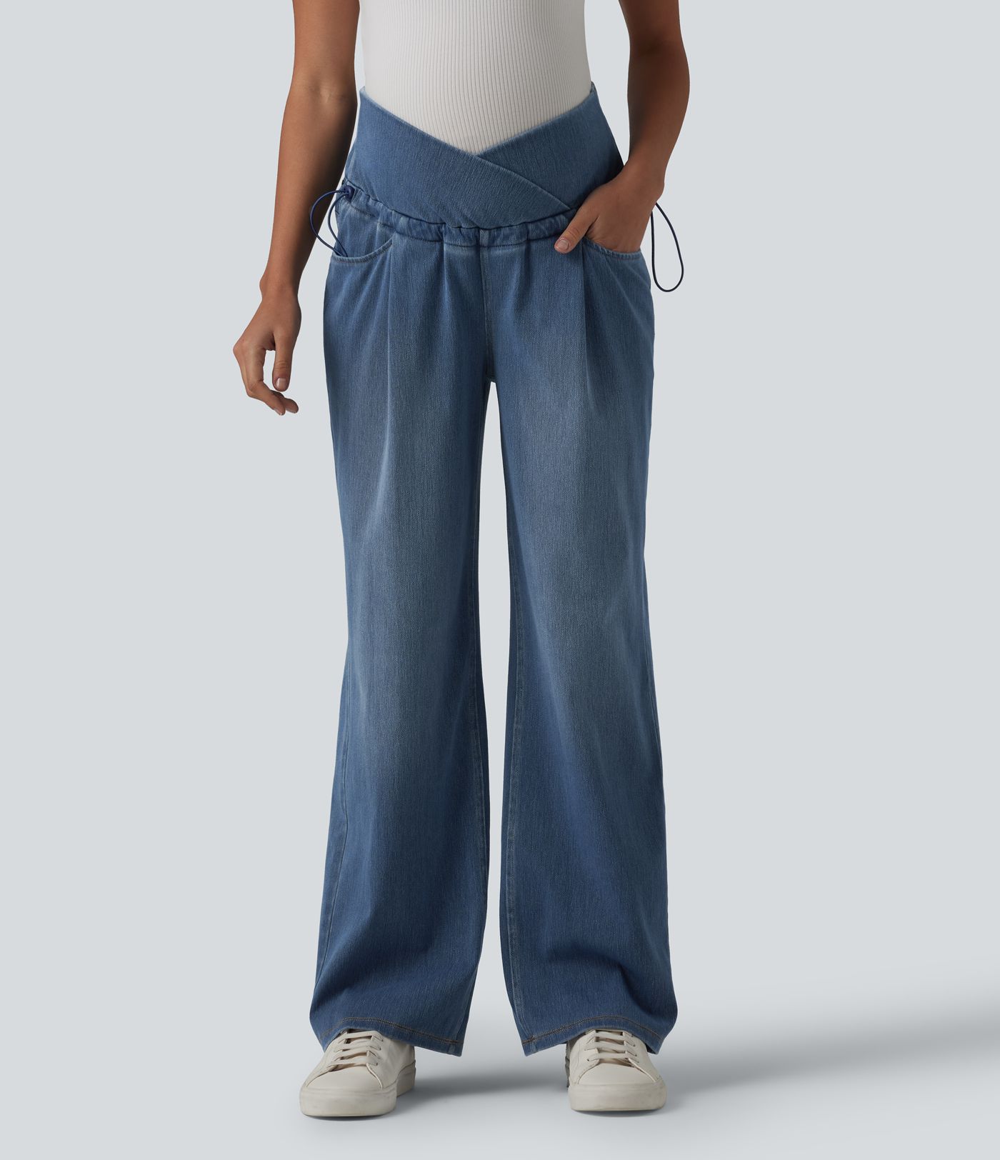 Halara Flex™ Crossover High Waisted Adjustable Drawcord Casual Maternity Baggy Jeans with Pockets