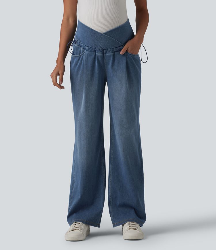 Halara Flex™ Crossover High Waisted Adjustable Drawcord Casual Maternity Baggy Jeans with Pockets