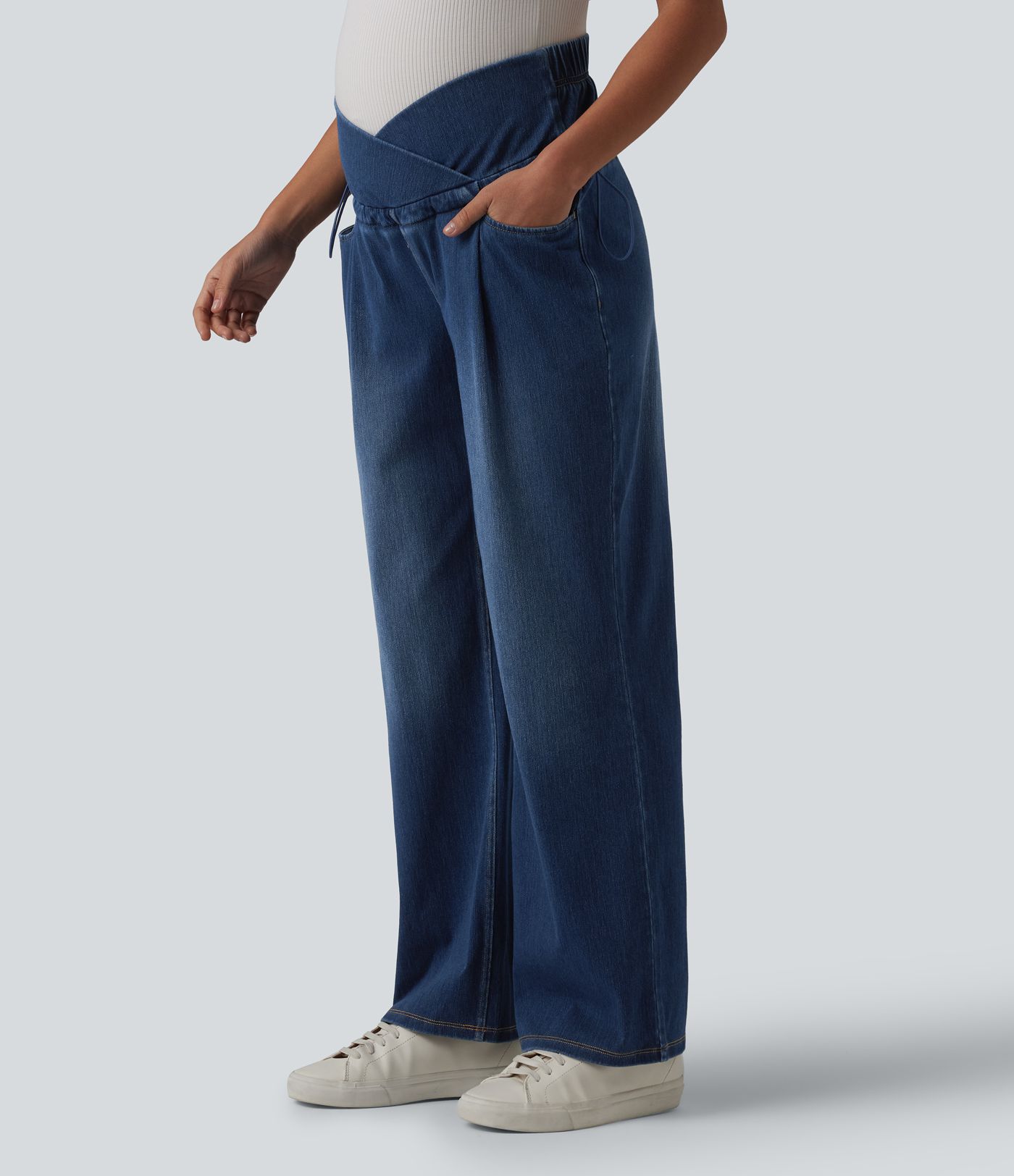 Halara Flex™ Crossover High Waisted Adjustable Drawcord Casual Maternity Baggy Jeans with Pockets