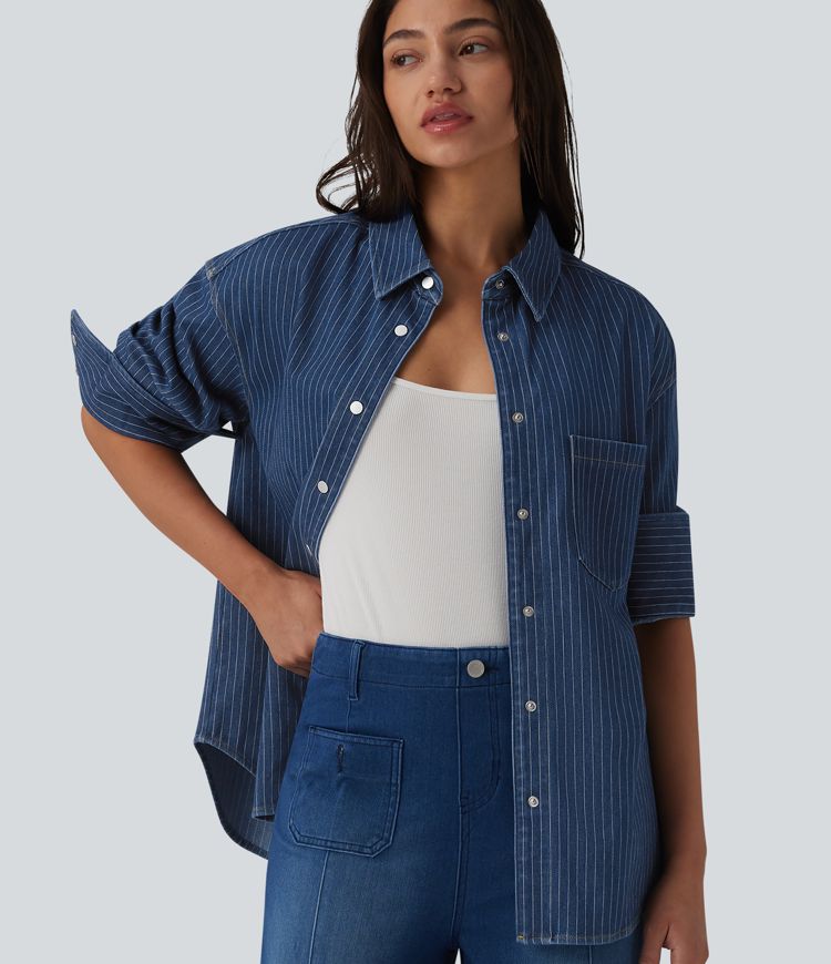 Halara Flex™ Long Sleeve Stripe Denim Casual Shirt with Pocket