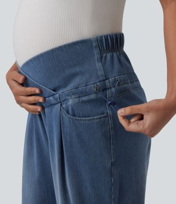 Halara Flex™ Crossover High Waisted Adjustable Drawcord Casual Maternity Baggy Jeans with Pockets