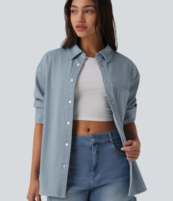 Halara Flex™ Chemise en denim manches longues à rayures avec poche