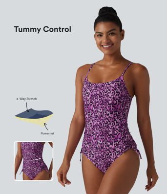 Square Neck Built-in Bra Tummy Control Drawstring Leopard Print One-Piece Swimsuit