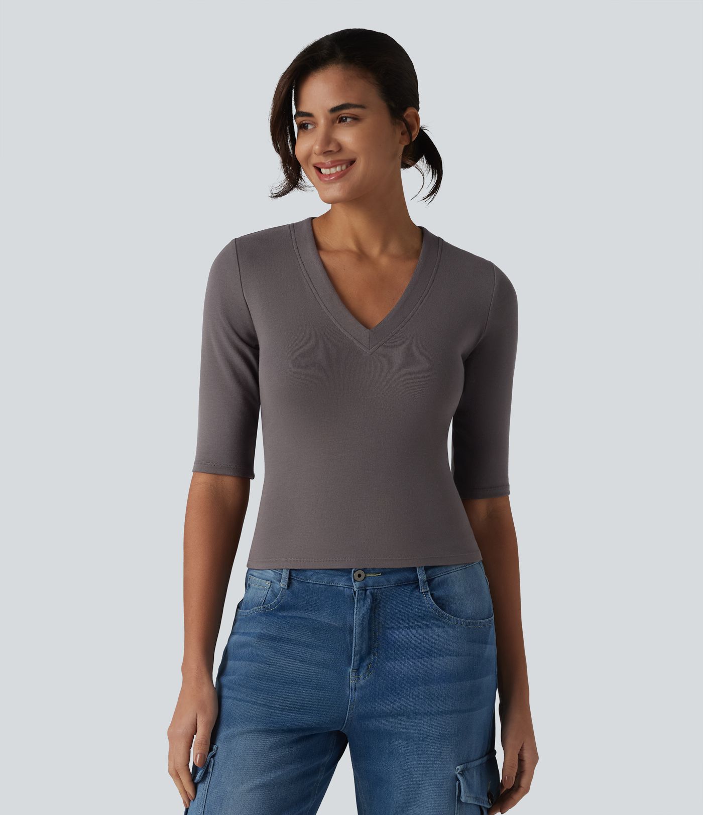Ribbed Knit V Neck Half Sleeve Casual T-Shirt