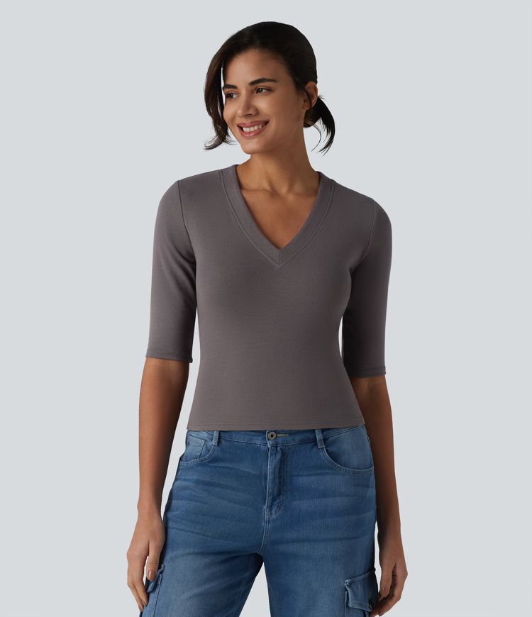 Ribbed Knit V Neck Half Sleeve Casual T-Shirt