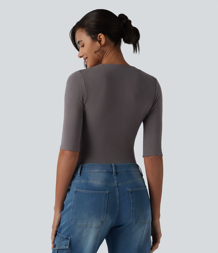 Ribbed Knit V Neck Half Sleeve Casual T-Shirt