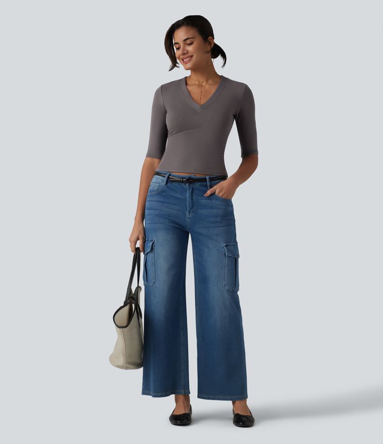 Ribbed Knit V Neck Half Sleeve Casual T-Shirt