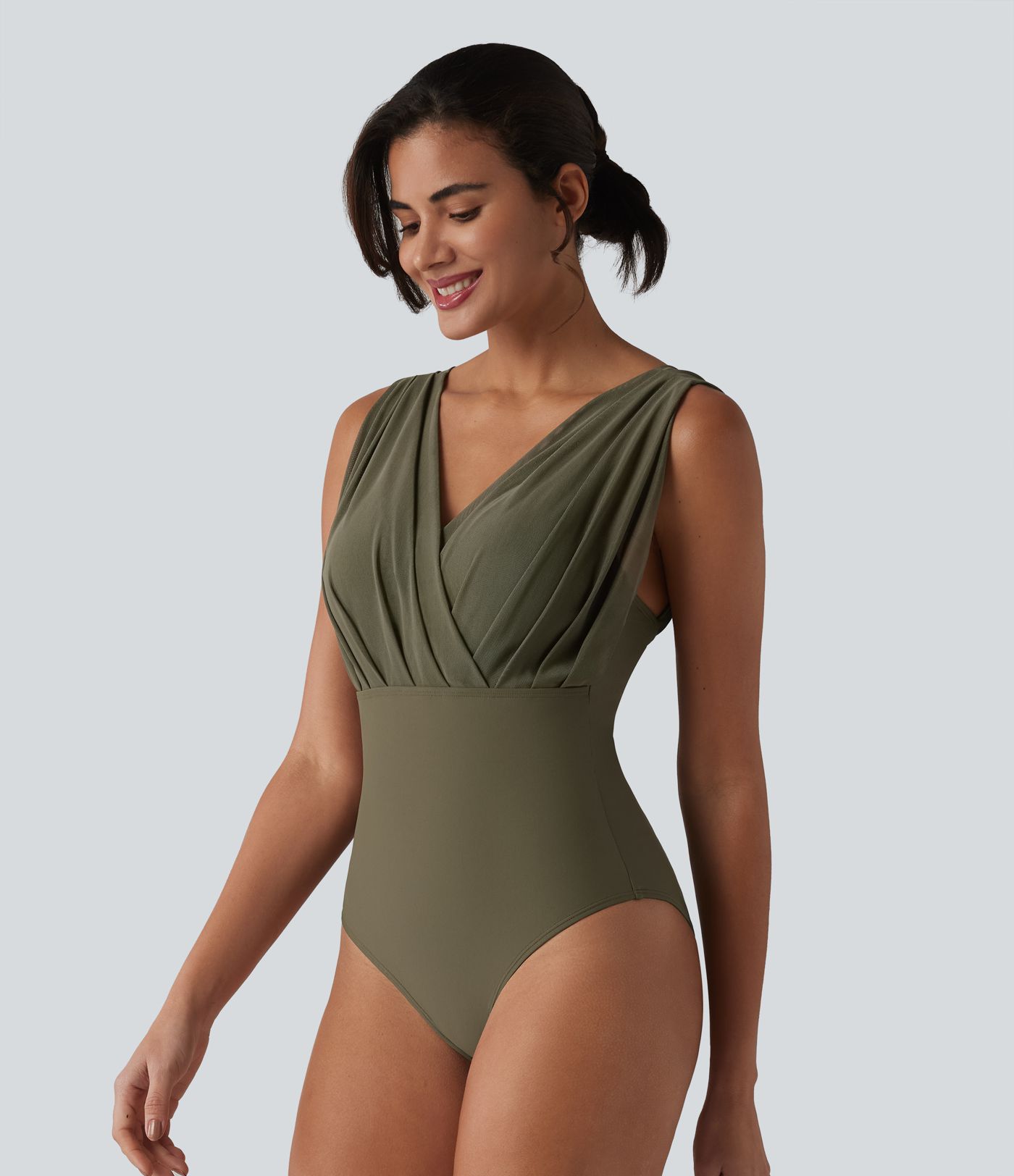 V-neck Sleeveless Tummy Control Built-in Bra One Piece Swimsuit