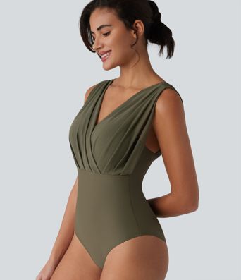 V-neck Sleeveless Tummy Control Built-in Bra One Piece Swimsuit