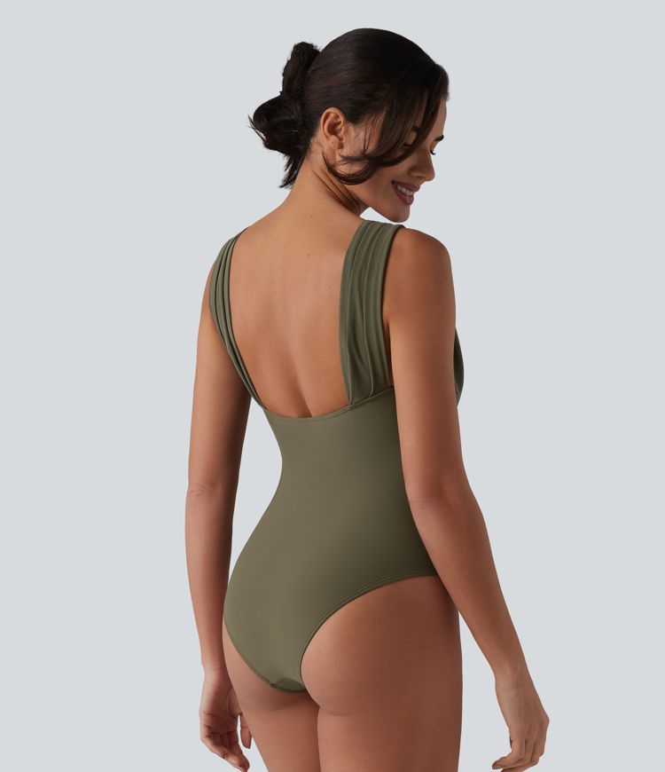 V-neck Sleeveless Tummy Control Built-in Bra One Piece Swimsuit