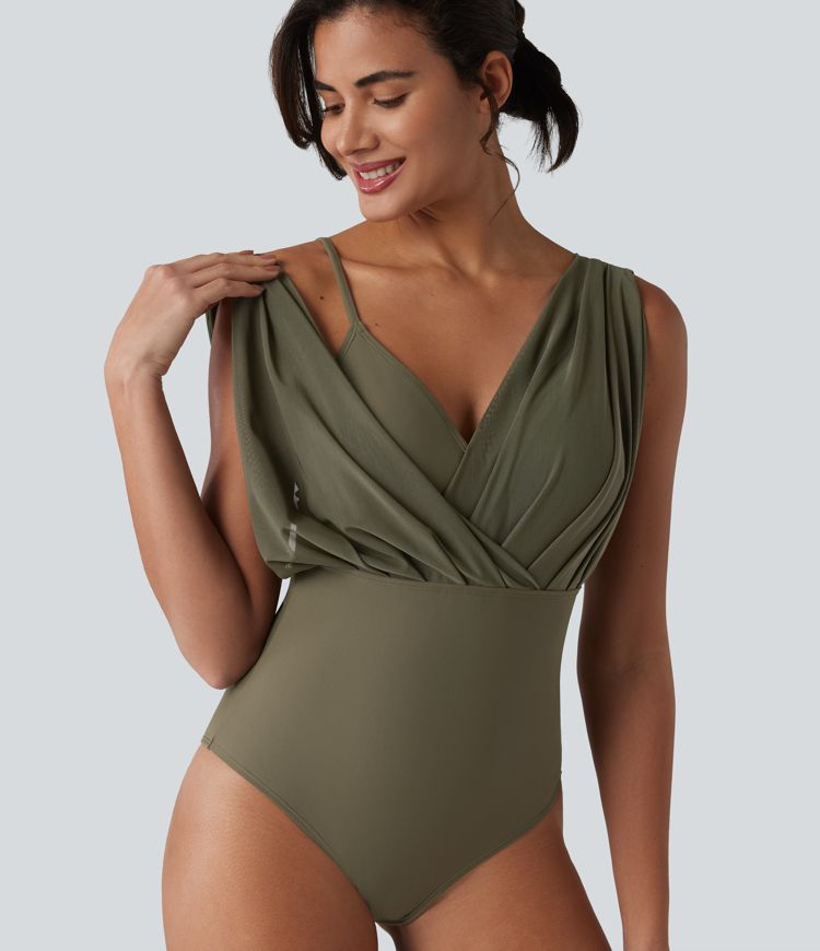 V-neck Sleeveless Tummy Control Built-in Bra One Piece Swimsuit