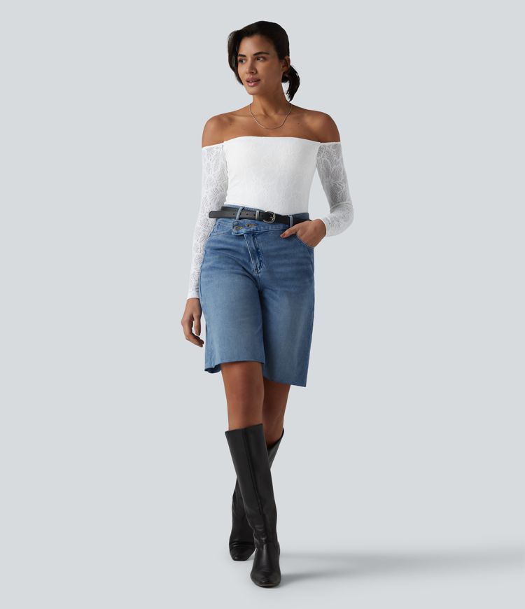 Lässiges, schulterfreies Top mit langen Ärmeln, integriertem BH und Spitze