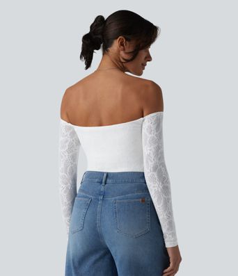 Lässiges, schulterfreies Top mit langen Ärmeln, integriertem BH und Spitze