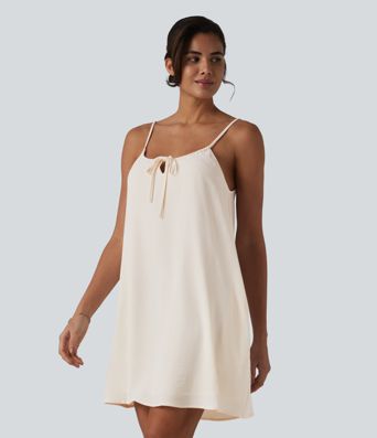 Lace Up Mini Linen-Feel Slip Dress with Pockets