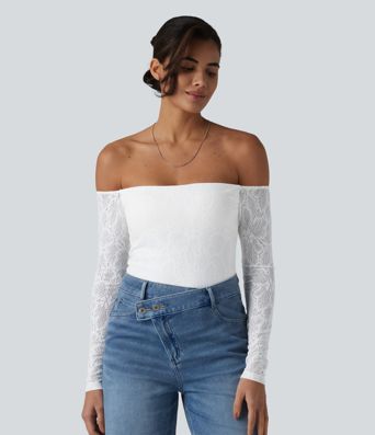 Lässiges, schulterfreies Top mit langen Ärmeln, integriertem BH und Spitze