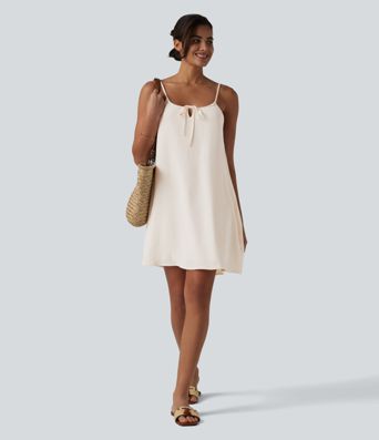 Lace Up Mini Linen-Feel Slip Dress with Pockets