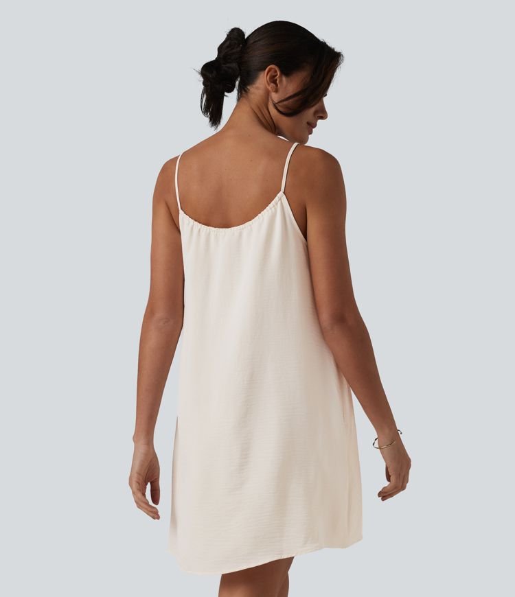 Lace Up Mini Linen-Feel Slip Dress with Pockets