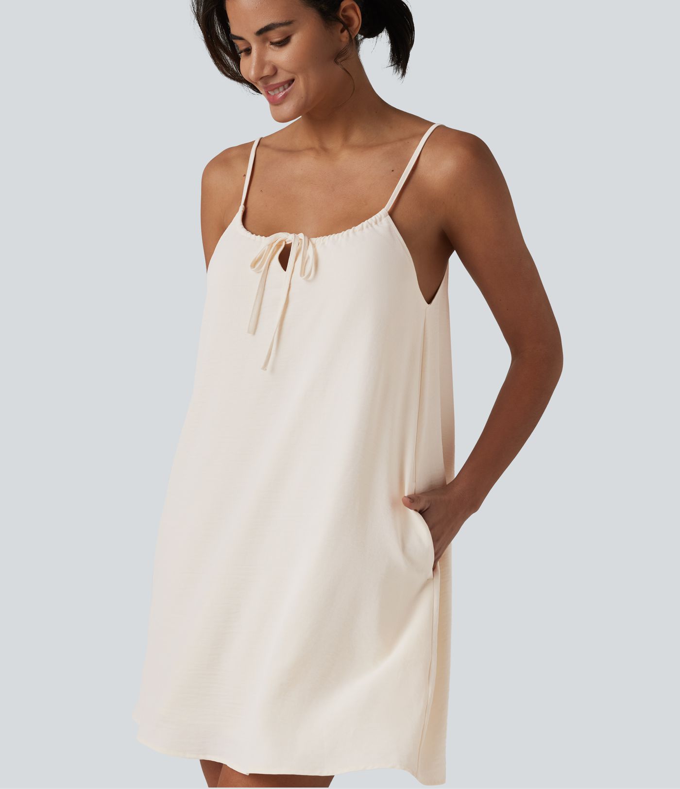 Lace Up Mini Linen-Feel Slip Dress with Pockets
