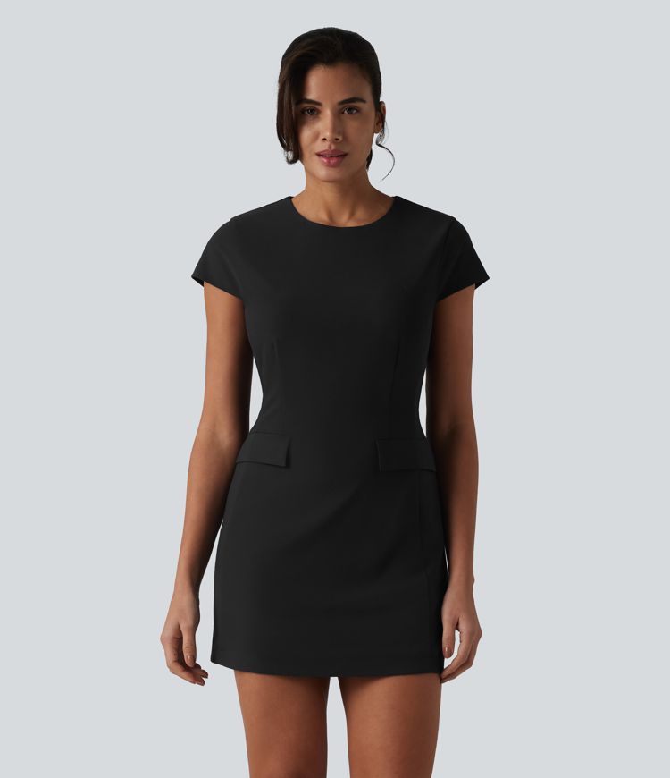 Round Neck Cap Sleeve Invisible Zipper Bodycon Mini Work Dress with Pockets