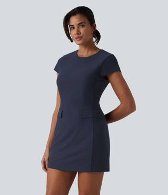 Minivestido ajustado de trabajo con cuello redondo, mangas cortas, cremallera invisible y bolsillos.