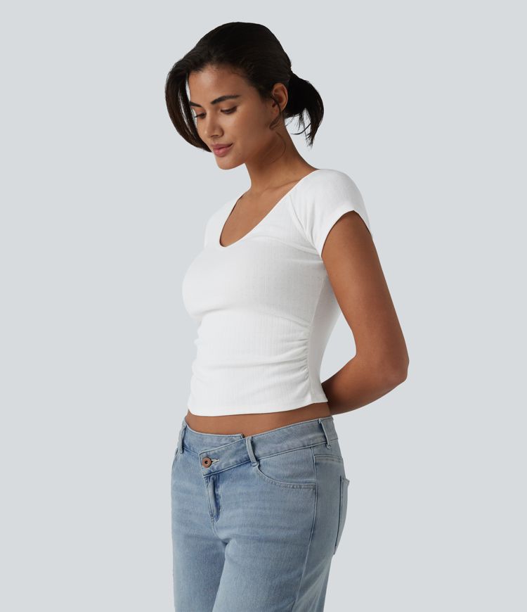 V Neck Short Sleeve Ruched Casual T-Shirt