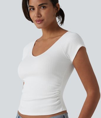 V Neck Short Sleeve Ruched Casual T-Shirt V Neck Short Sleeve Ruched Casual T-Shirt