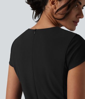 Round Neck Cap Sleeve Invisible Zipper Bodycon Mini Work Dress with Pockets