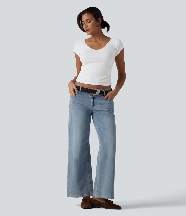 V Neck Short Sleeve Ruched Casual T-Shirt