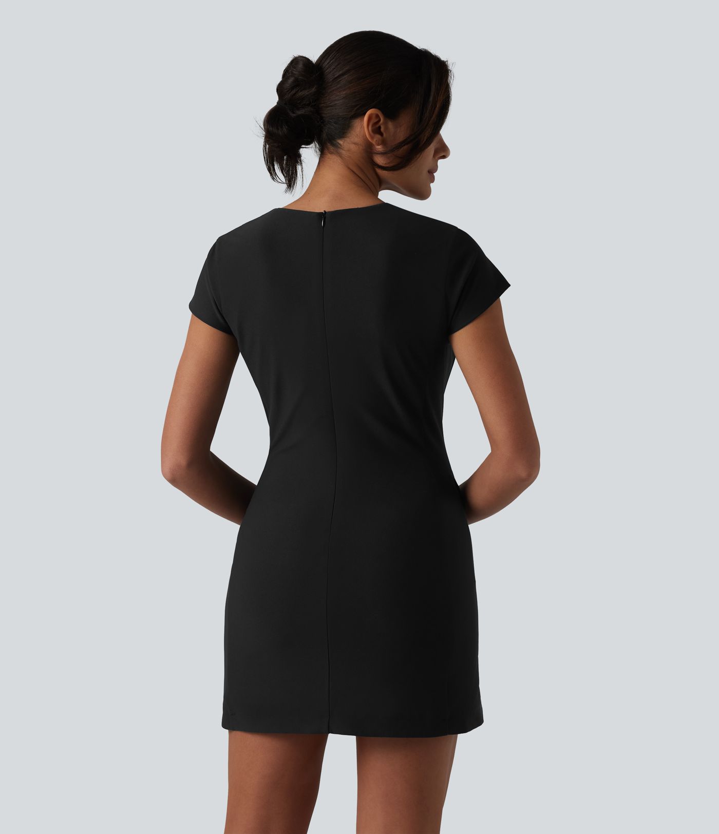 Round Neck Cap Sleeve Invisible Zipper Bodycon Mini Work Dress with Pockets