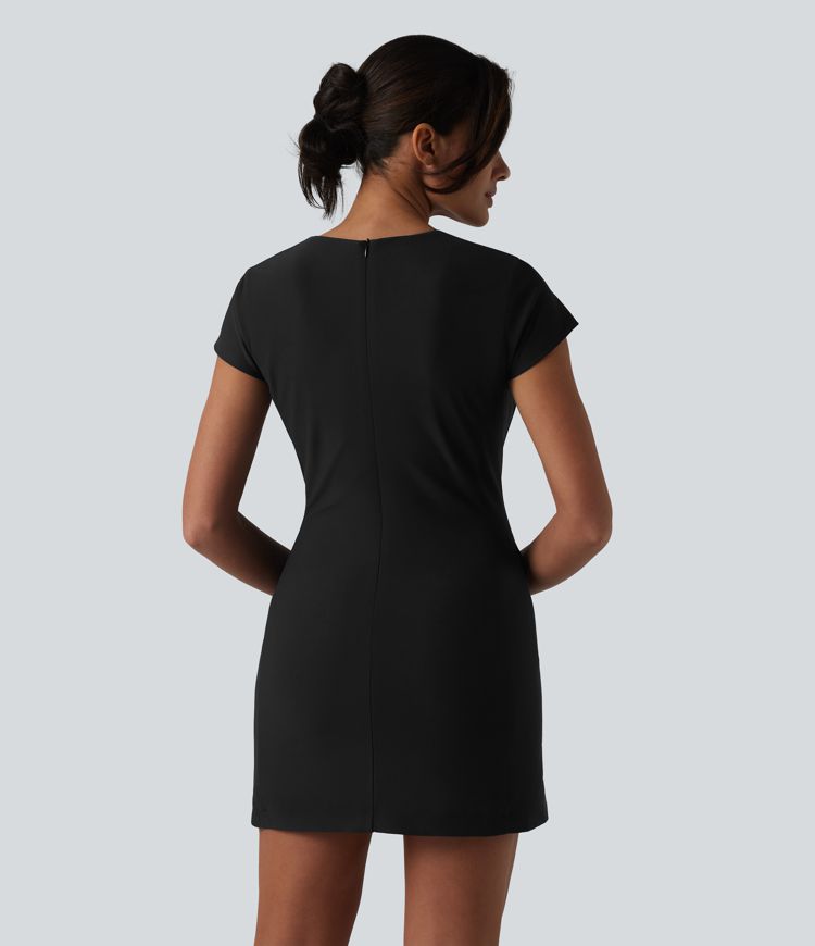 Round Neck Cap Sleeve Invisible Zipper Bodycon Mini Work Dress with Pockets