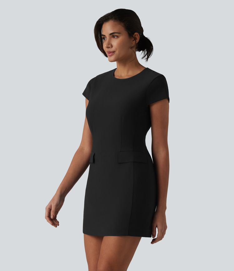 Round Neck Cap Sleeve Invisible Zipper Bodycon Mini Work Dress with Pockets