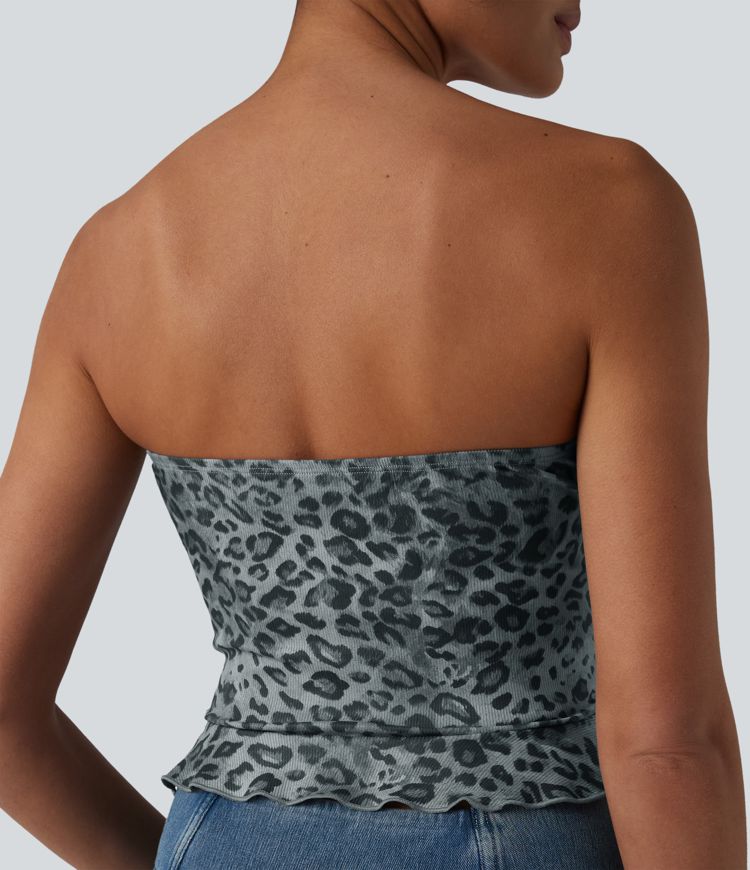 Lässiges Tube-Top aus geripptem Strick mit Leopardenmuster und Rüschensaum