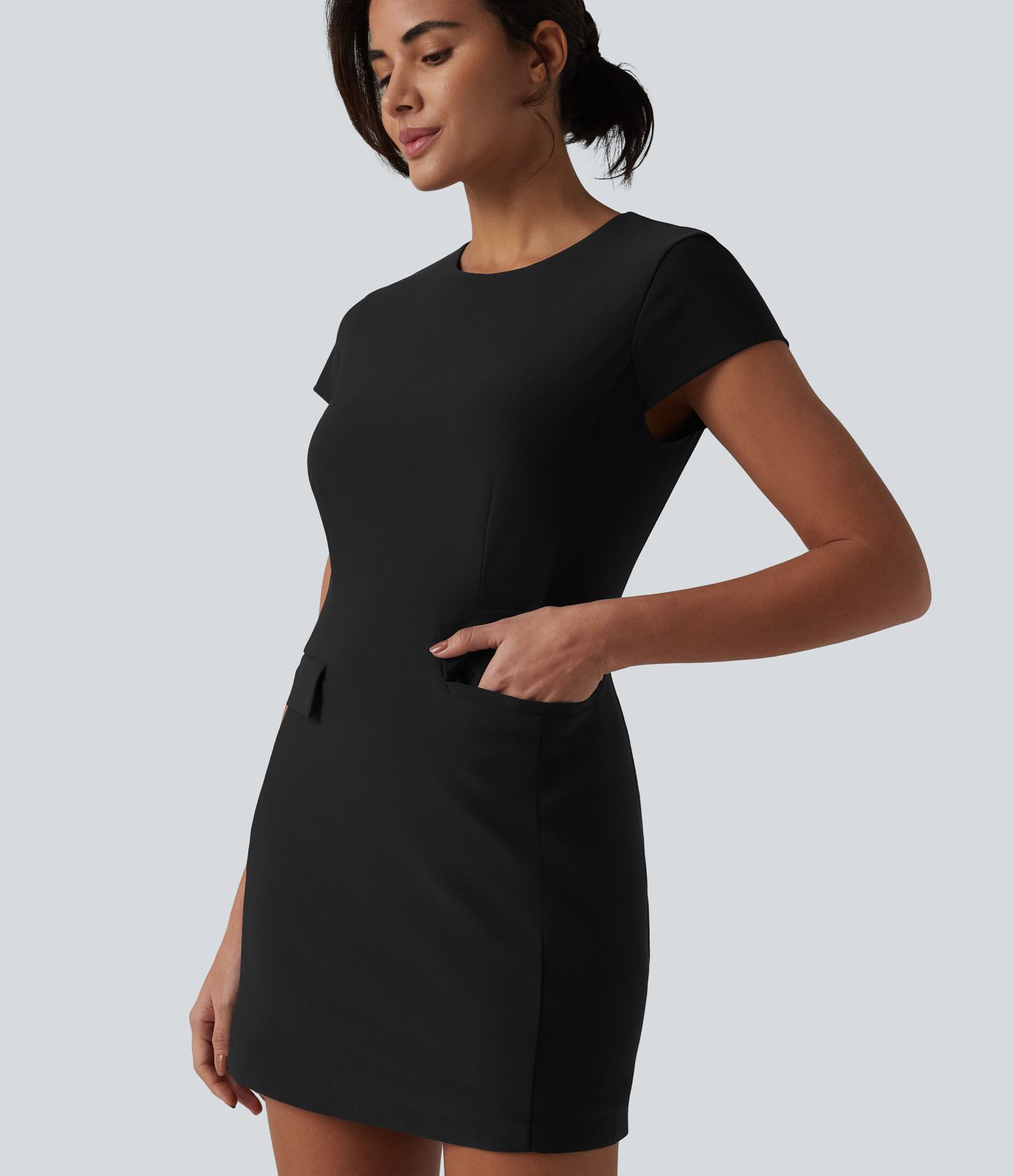 Round Neck Cap Sleeve Invisible Zipper Bodycon Mini Work Dress with Pockets