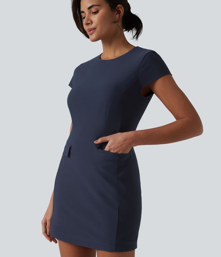 Minivestido ajustado de trabajo con cuello redondo, mangas cortas, cremallera invisible y bolsillos.