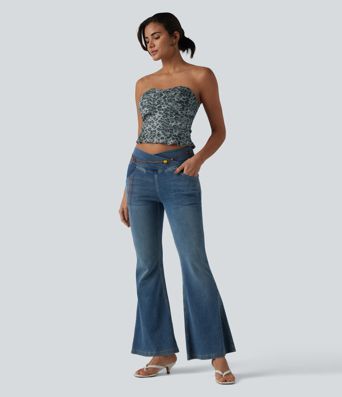 Lässiges Tube-Top aus geripptem Strick mit Leopardenmuster und Rüschensaum