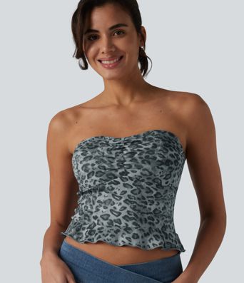 Lässiges Tube-Top aus geripptem Strick mit Leopardenmuster und Rüschensaum