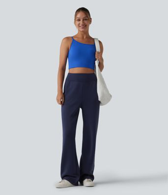 SpacerTek™ High Waisted Snap Button Casual Straight Leg Sweatpants with Pockets