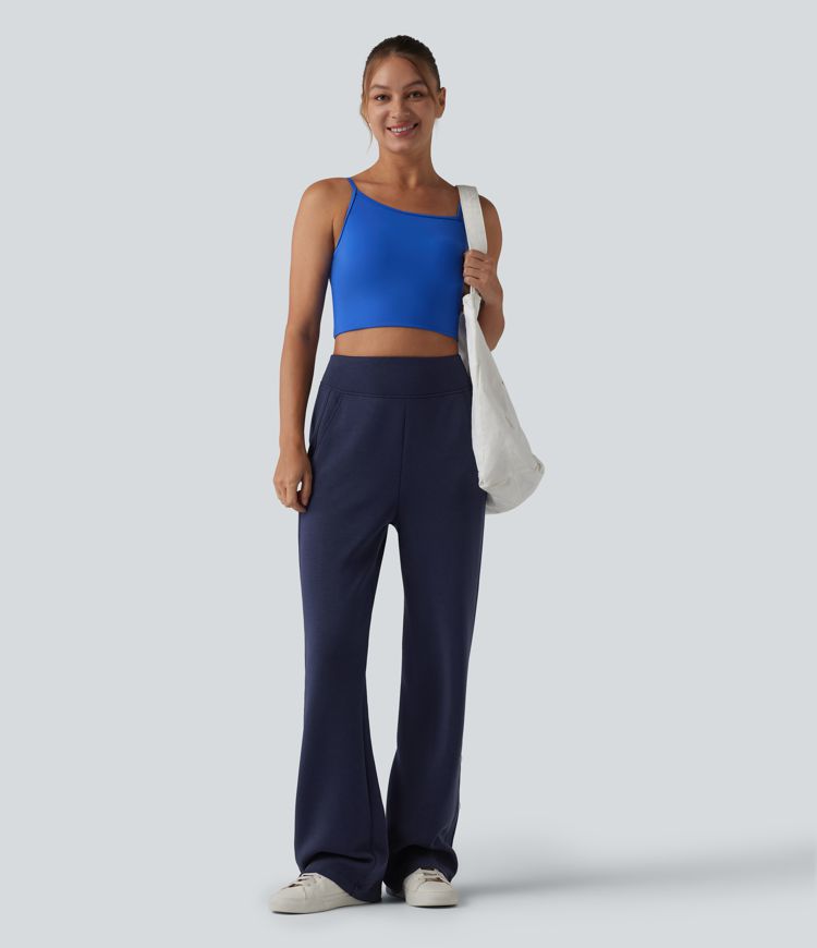 SpacerTek™ High Waisted Snap Button Casual Straight Leg Sweatpants with Pockets