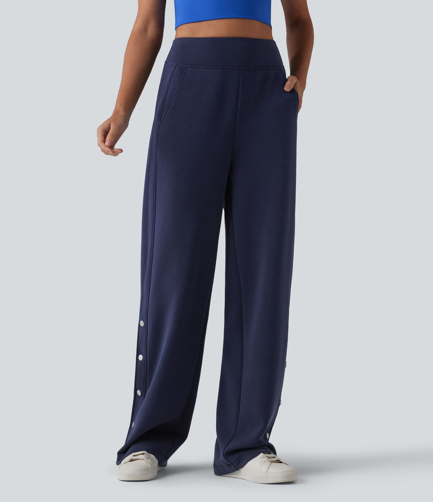 SpacerTek™ High Waisted Snap Button Casual Straight Leg Sweatpants with Pockets
