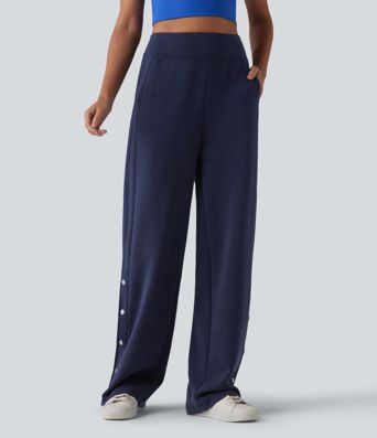 SpacerTek™ High Waisted Snap Button Casual Straight Leg Sweatpants with Pockets